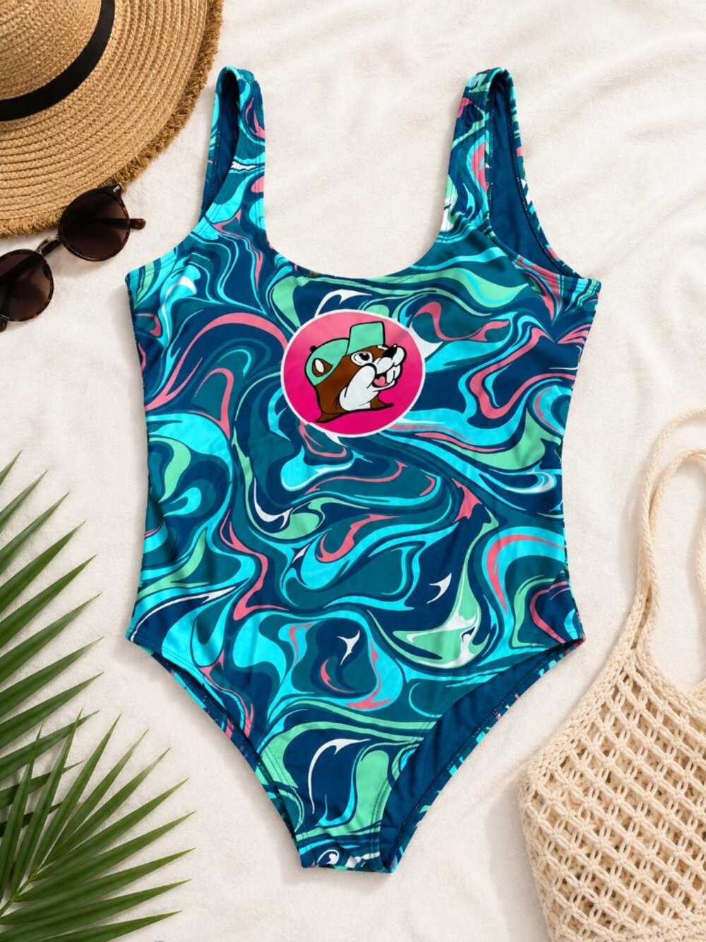 Buc-ee’s Size Medium Swirl Print One Piece Swimsuit Beaver Logo